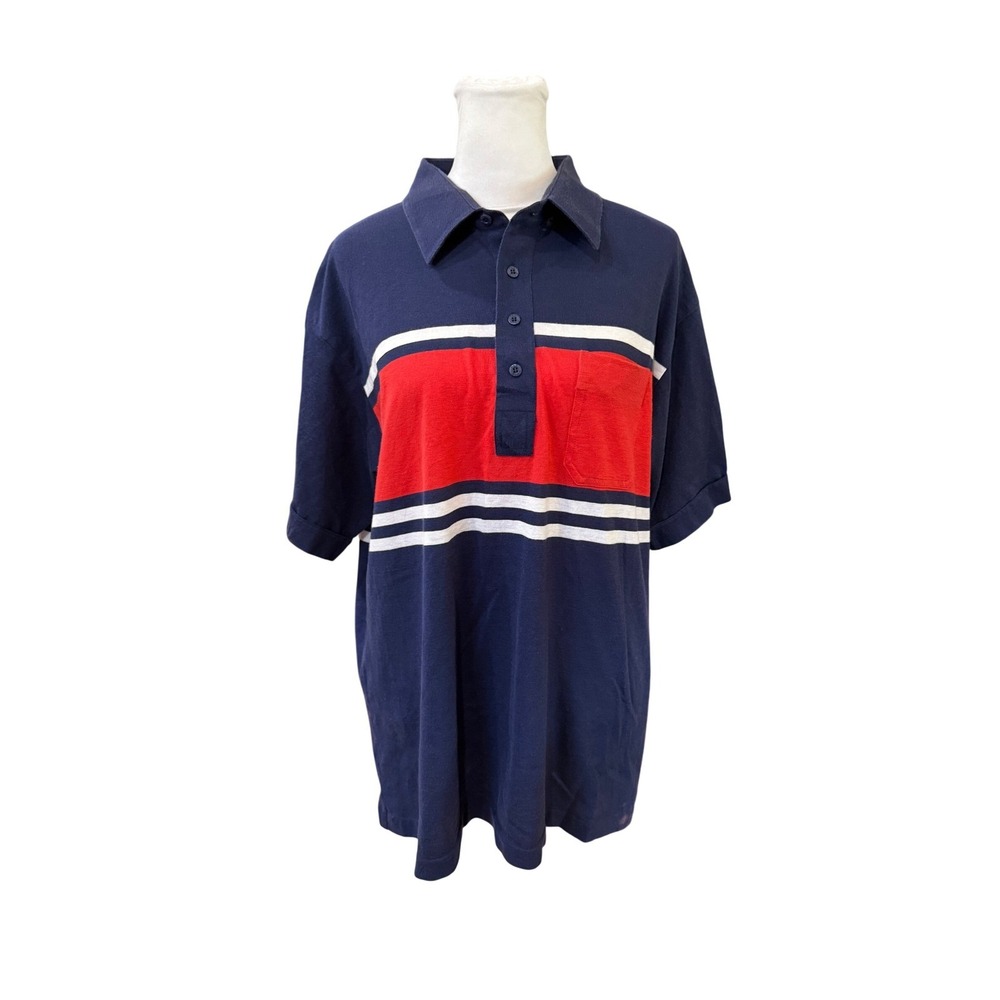 Vintage Par Four Sportswear Mens Navy Blue Red White Striped Polo Shirt Large